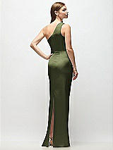 Rear View Thumbnail - Olive Green One-Shoulder Draped Bodice Stretch Satin Column Maxi Dress