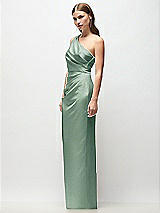 Side View Thumbnail - Seagrass One-Shoulder Draped Bodice Stretch Satin Column Maxi Dress