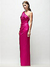 Side View Thumbnail - Think Pink One-Shoulder Draped Bodice Stretch Satin Column Maxi Dress