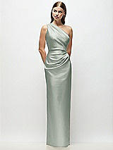 Front View Thumbnail - Willow Green One-Shoulder Draped Bodice Stretch Satin Column Maxi Dress