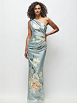 Front View Thumbnail - Mist Multi One-Shoulder Draped Bodice Painterly Floral Stretch Satin Column Maxi Dress
