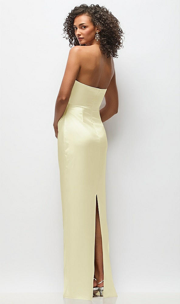 Back View - Butter Yellow Strapless Draped Bodice Stretch Satin Column Maxi Dress