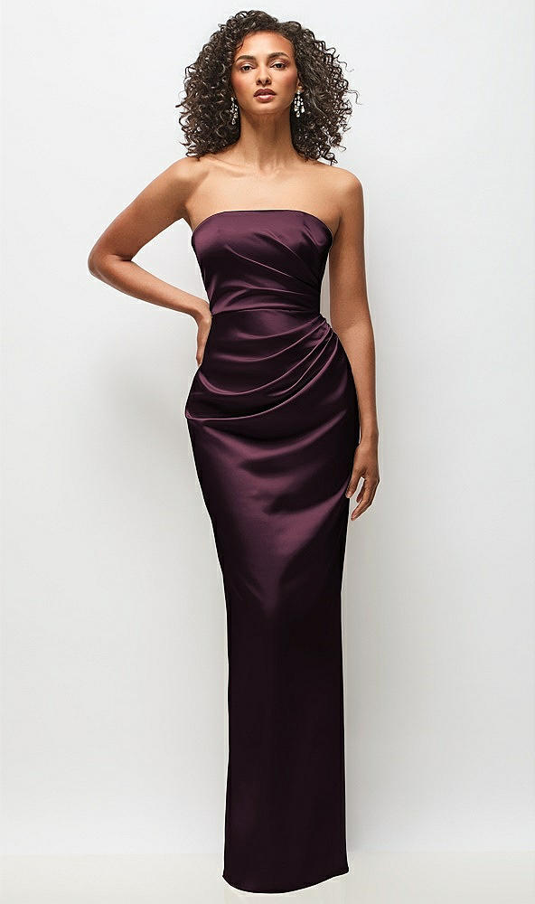 Front View - Deep Plum Strapless Draped Bodice Stretch Satin Column Maxi Dress