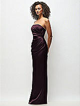 Side View Thumbnail - Deep Plum Strapless Draped Bodice Stretch Satin Column Maxi Dress