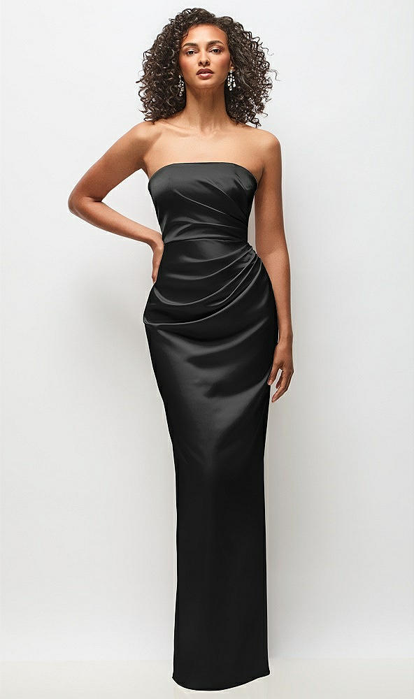 Front View - Black Strapless Draped Bodice Stretch Satin Column Maxi Dress