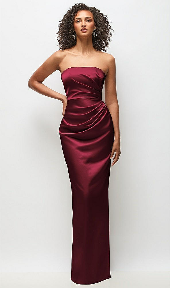 Front View - Cabernet Strapless Draped Bodice Stretch Satin Column Maxi Dress