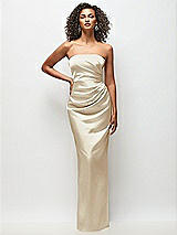 Front View Thumbnail - Champagne Strapless Draped Bodice Stretch Satin Column Maxi Dress