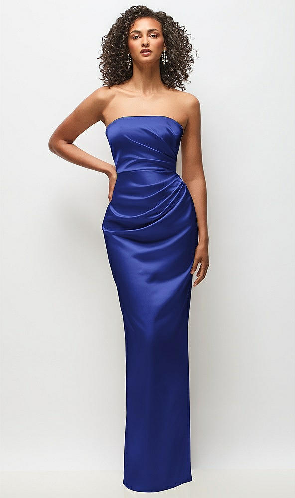 Front View - Cobalt Blue Strapless Draped Bodice Stretch Satin Column Maxi Dress
