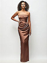 Front View Thumbnail - Cognac Strapless Draped Bodice Stretch Satin Column Maxi Dress