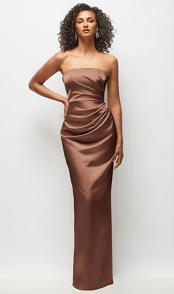 Front View - Cognac Strapless Draped Bodice Stretch Satin Column Maxi Dress
