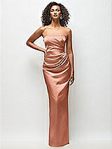 Front View Thumbnail - Copper Penny Strapless Draped Bodice Stretch Satin Column Maxi Dress