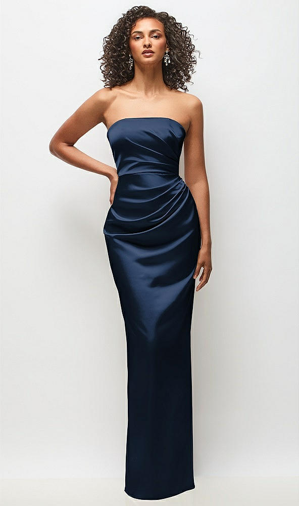 Front View - Midnight Navy Strapless Draped Bodice Stretch Satin Column Maxi Dress