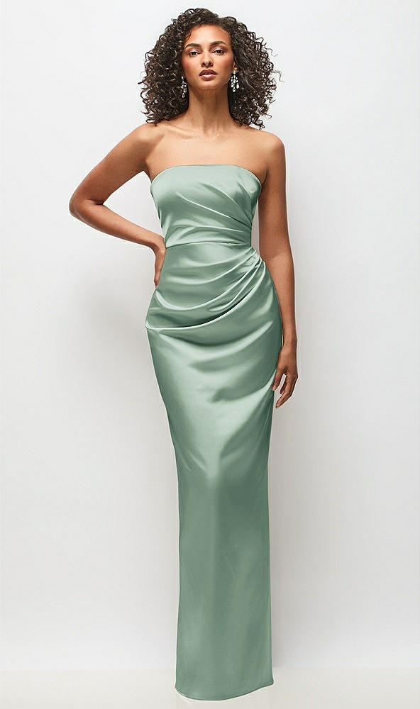 Front View - Seagrass Strapless Draped Bodice Stretch Satin Column Maxi Dress