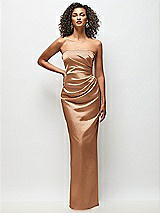 Front View Thumbnail - Toffee Strapless Draped Bodice Stretch Satin Column Maxi Dress