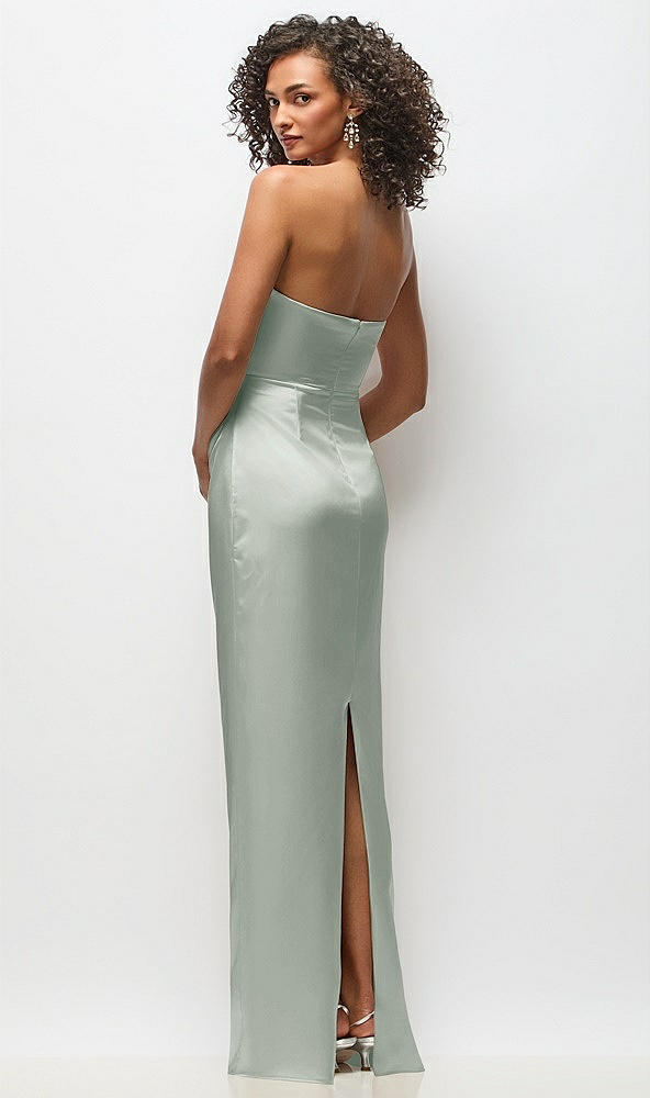 Back View - Willow Green Strapless Draped Bodice Stretch Satin Column Maxi Dress