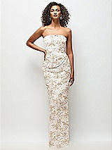 Front View Thumbnail - Golden Hour Strapless Draped Bodice Floral Stretch Satin Column Maxi Dress