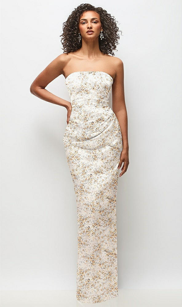 Front View - Golden Hour Strapless Draped Bodice Floral Stretch Satin Column Maxi Dress