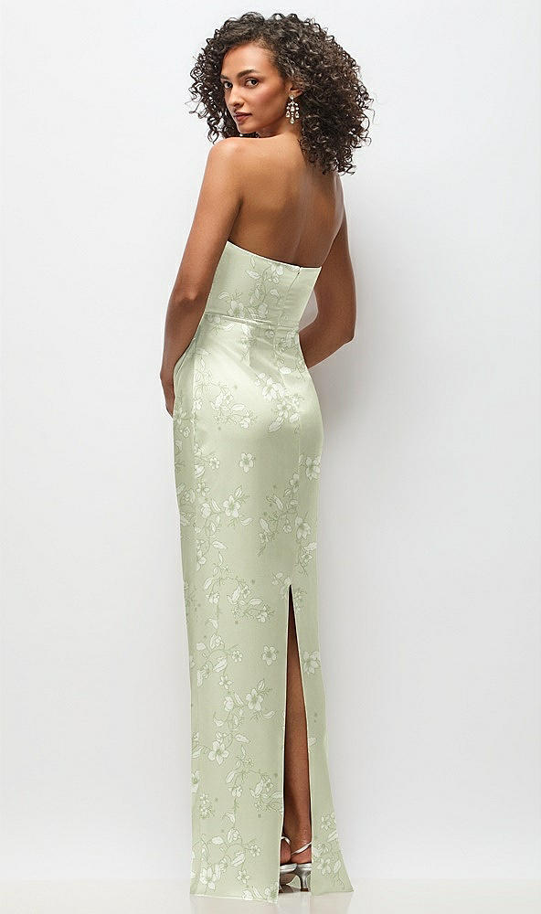 Back View - Vintage Primrose Celadon Strapless Draped Bodice Floral Stretch Satin Column Maxi Dress