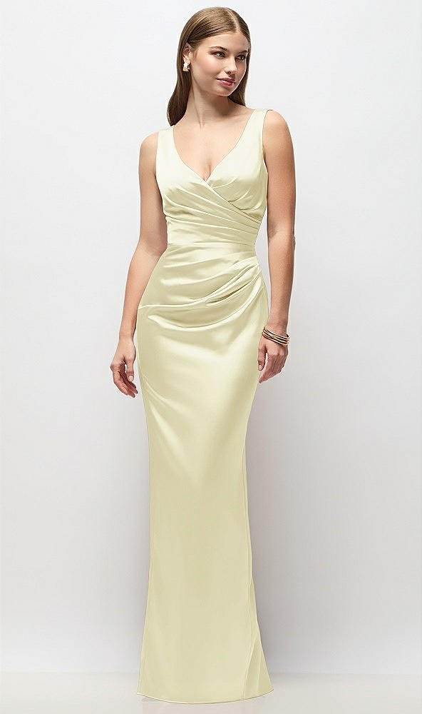 Front View - Butter Yellow Sleeveless Draped Wrap Bodice Stretch Satin Column Maxi Dress