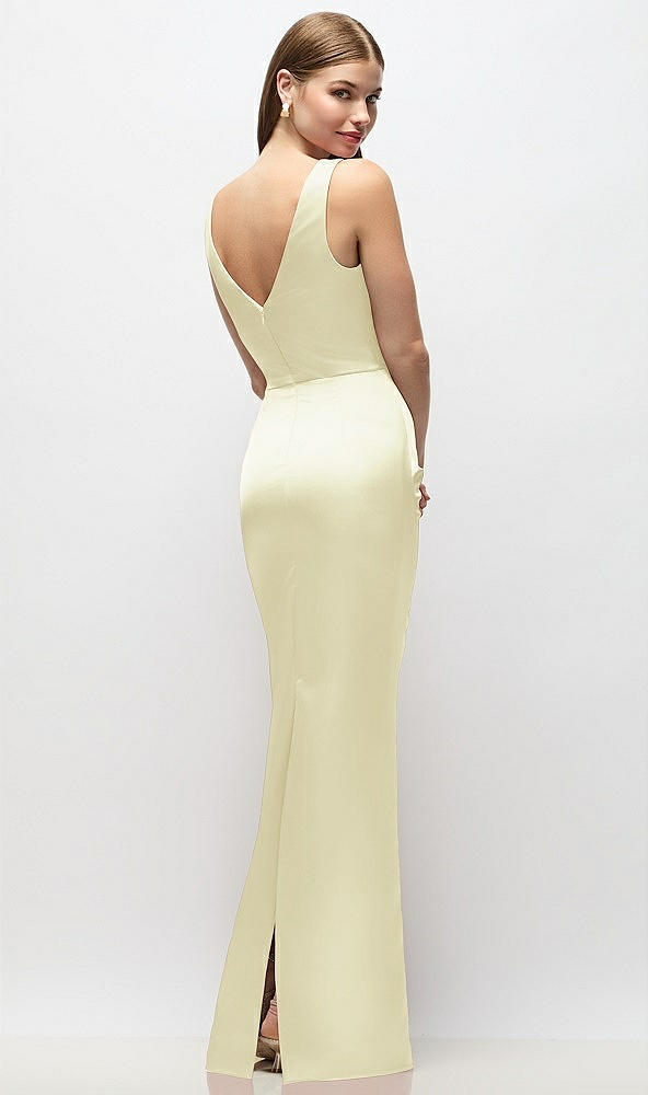 Back View - Butter Yellow Sleeveless Draped Wrap Bodice Stretch Satin Column Maxi Dress