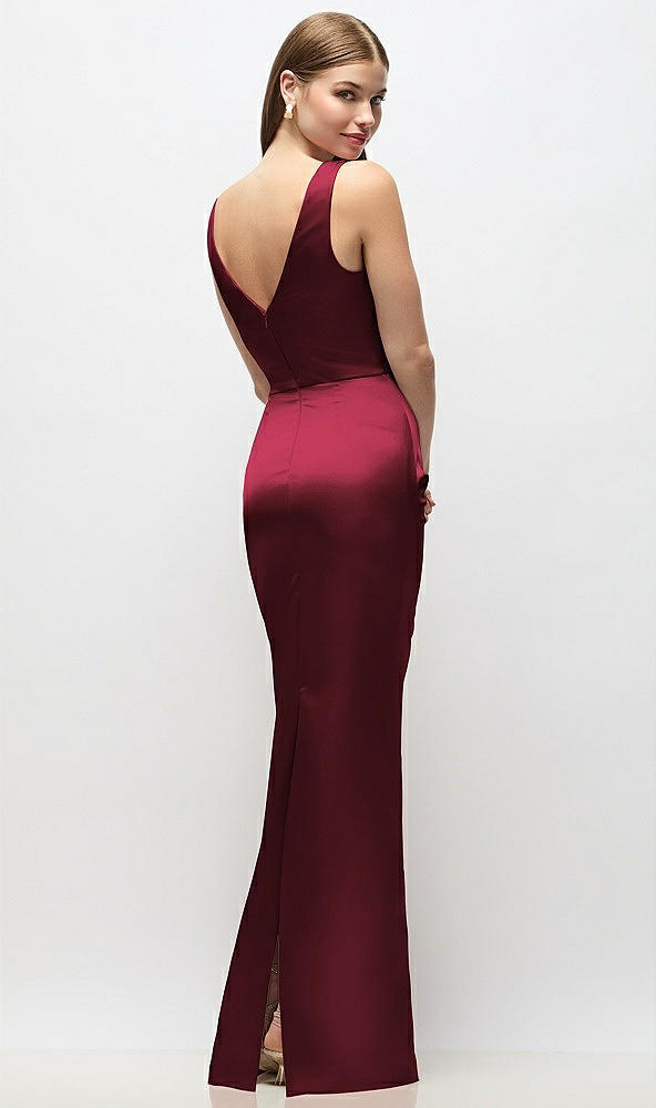Back View - Cabernet Sleeveless Draped Wrap Bodice Stretch Satin Column Maxi Dress