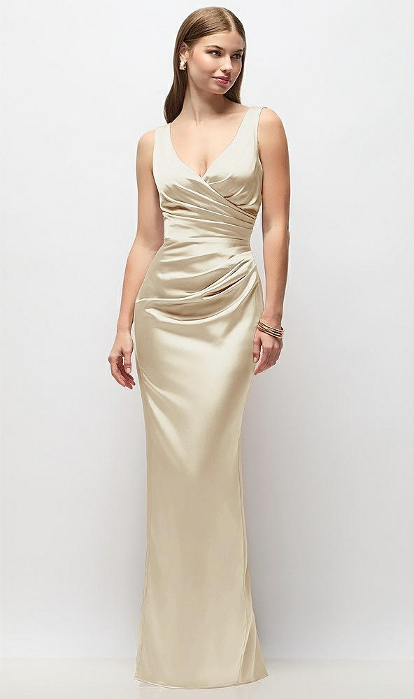 Front View - Champagne Sleeveless Draped Wrap Bodice Stretch Satin Column Maxi Dress