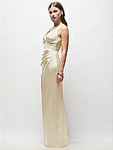 Side View Thumbnail - Champagne Sleeveless Draped Wrap Bodice Stretch Satin Column Maxi Dress