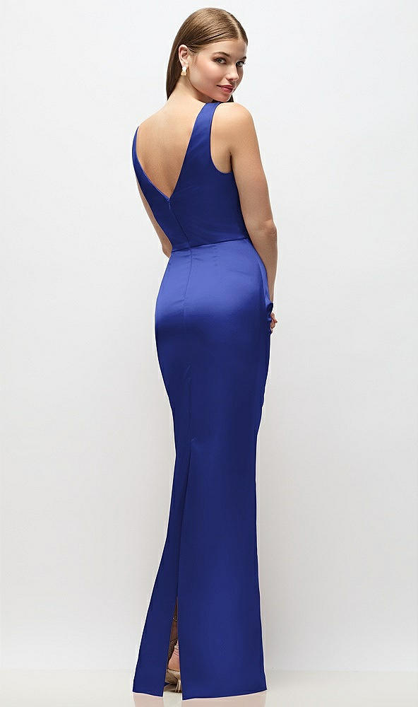 Back View - Cobalt Blue Sleeveless Draped Wrap Bodice Stretch Satin Column Maxi Dress