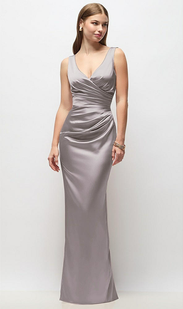 Front View - Cashmere Gray Sleeveless Draped Wrap Bodice Stretch Satin Column Maxi Dress
