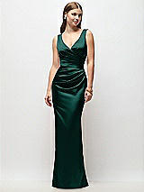 Front View Thumbnail - Evergreen Sleeveless Draped Wrap Bodice Stretch Satin Column Maxi Dress