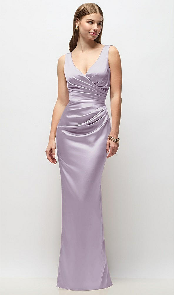 Front View - Lilac Haze Sleeveless Draped Wrap Bodice Stretch Satin Column Maxi Dress