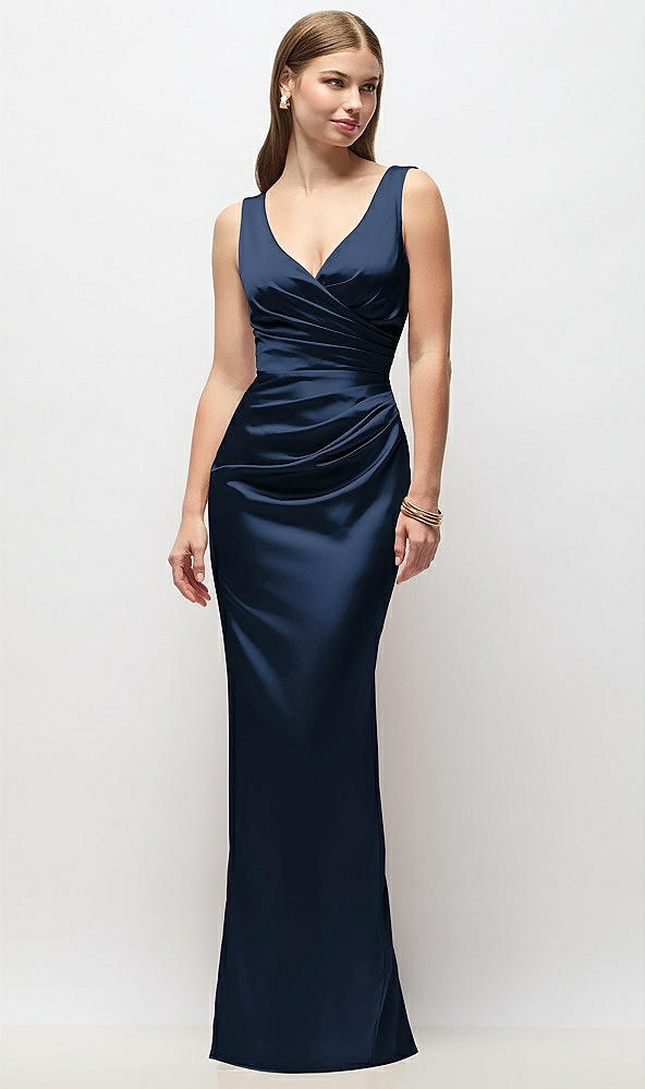 Front View - Midnight Navy Sleeveless Draped Wrap Bodice Stretch Satin Column Maxi Dress