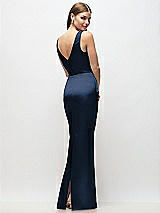 Rear View Thumbnail - Midnight Navy Sleeveless Draped Wrap Bodice Stretch Satin Column Maxi Dress