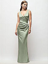 Front View Thumbnail - Sage Sleeveless Draped Wrap Bodice Stretch Satin Column Maxi Dress
