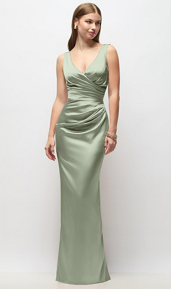Front View - Sage Sleeveless Draped Wrap Bodice Stretch Satin Column Maxi Dress