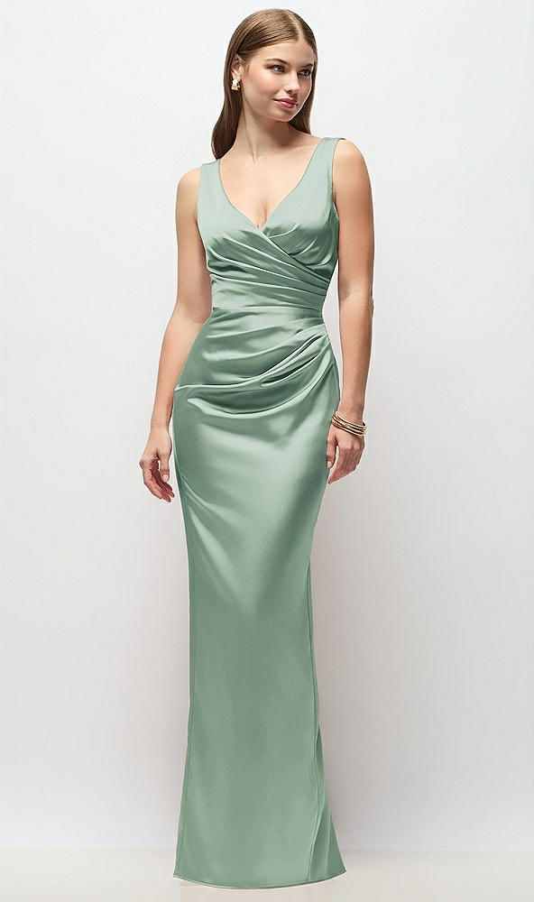 Front View - Seagrass Sleeveless Draped Wrap Bodice Stretch Satin Column Maxi Dress