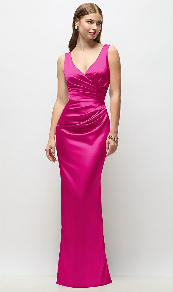 Front View - Think Pink Sleeveless Draped Wrap Bodice Stretch Satin Column Maxi Dress