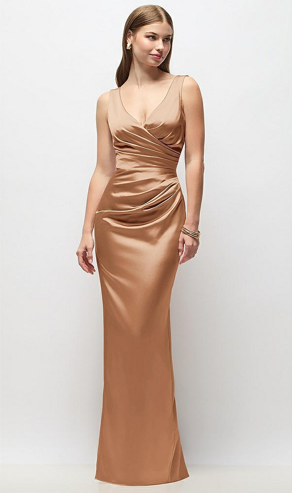 Front View - Toffee Sleeveless Draped Wrap Bodice Stretch Satin Column Maxi Dress