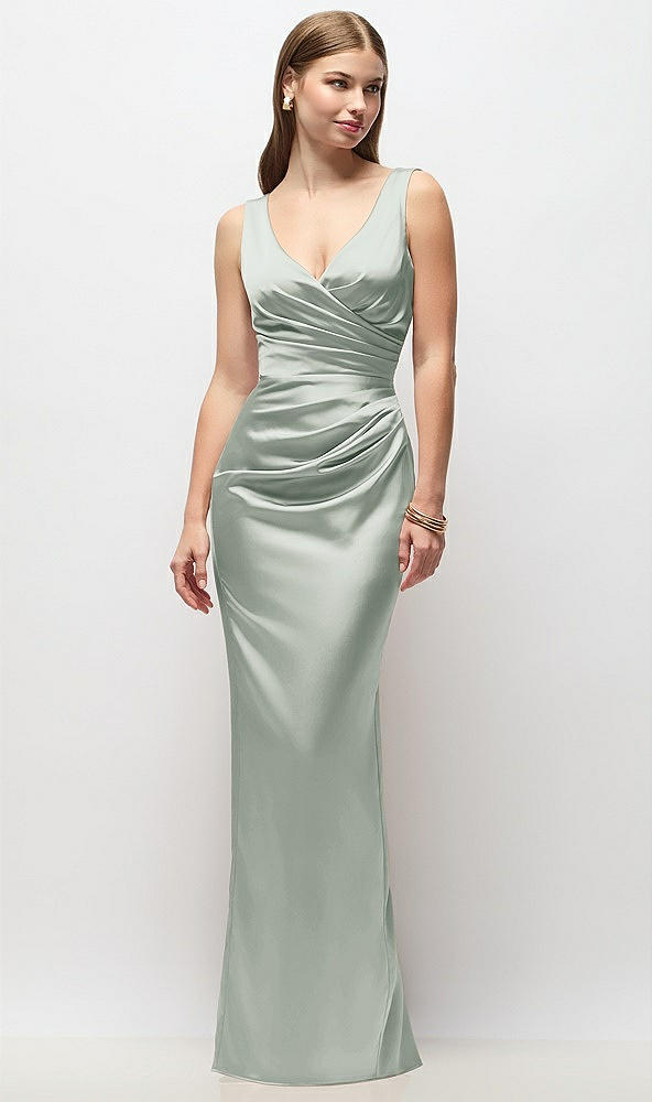 Front View - Willow Green Sleeveless Draped Wrap Bodice Stretch Satin Column Maxi Dress