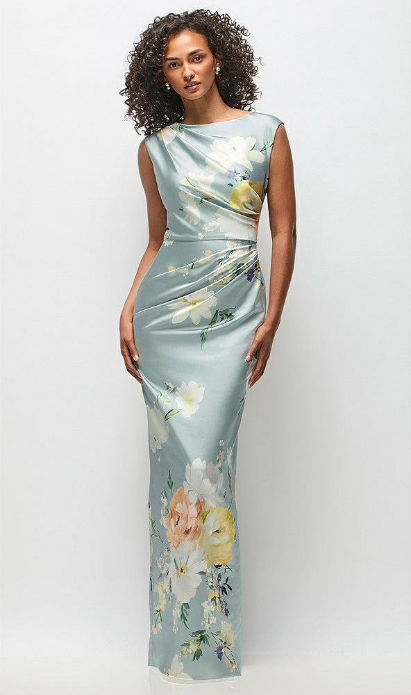 Front View - Mist Multi High Neck Cap Shoulder Painterly Floral Stretch Satin Column Maxi Dress