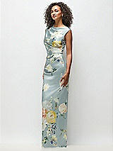 Side View Thumbnail - Mist Multi High Neck Cap Shoulder Painterly Floral Stretch Satin Column Maxi Dress