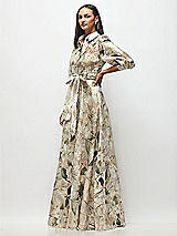 Side View Thumbnail - Plumeria Floral Print Floral Metallic Organza Jacquard Shirt Dress with Full Maxi Skirt & Sash