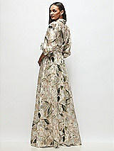 Rear View Thumbnail - Plumeria Floral Print Floral Metallic Organza Jacquard Shirt Dress with Full Maxi Skirt & Sash