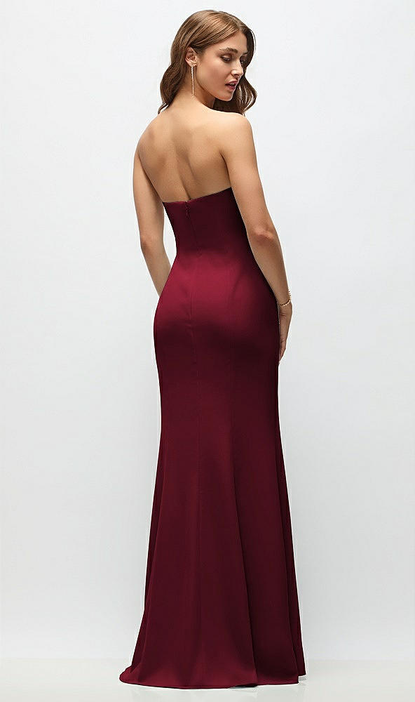 Back View - Burgundy Strapless Fit and Flare Crepe Maxi Dress