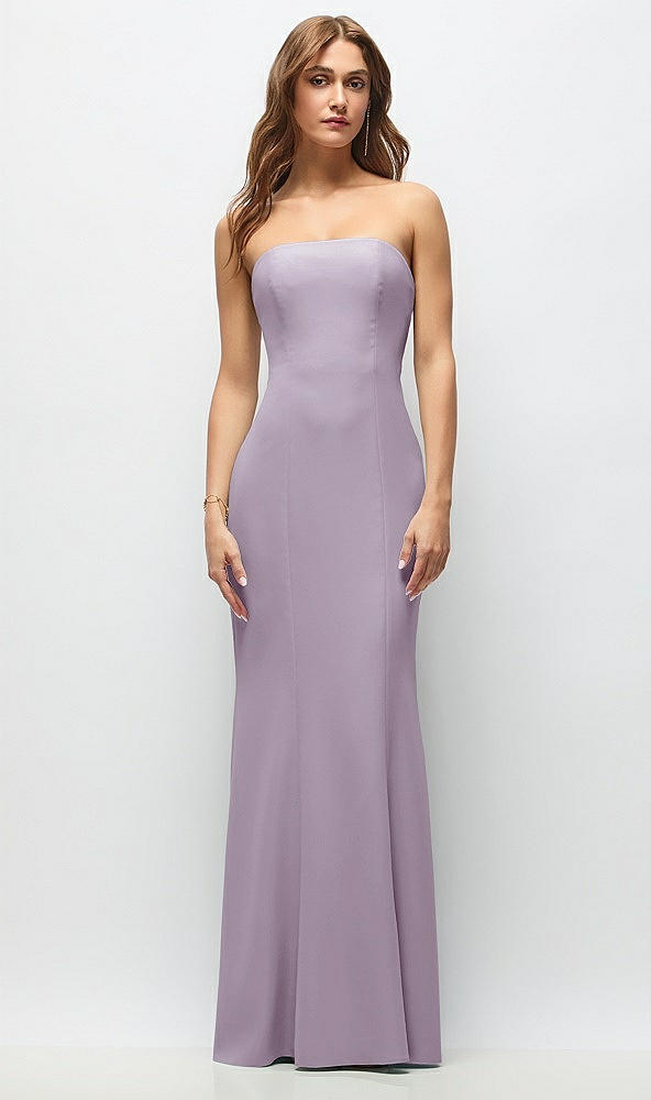 Front View - Lilac Haze Strapless Fit and Flare Crepe Maxi Dress