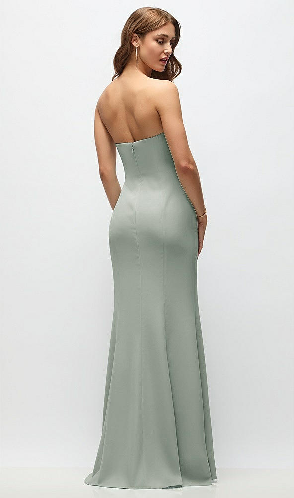 Back View - Willow Green Strapless Fit and Flare Crepe Maxi Dress