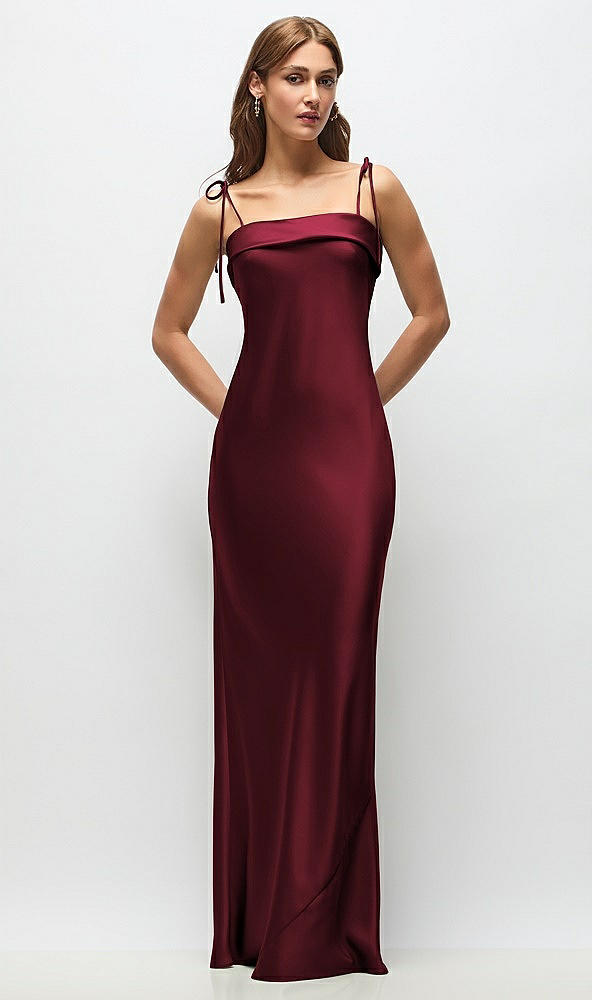 Front View - Cabernet Cuff Neck Satin Bias Maxi Dress with Self-Tie Spaghetti Straps