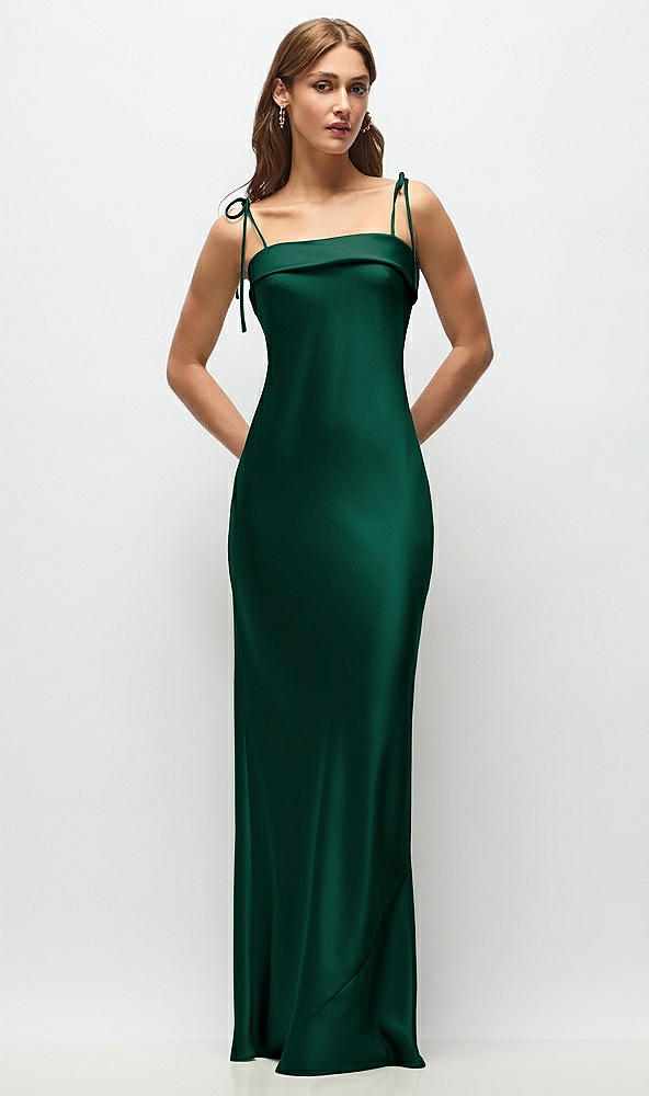 Front View - Hunter Green Cuff Neck Satin Bias Maxi Dress with Self-Tie Spaghetti Straps