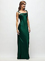 Side View Thumbnail - Hunter Green Cuff Neck Satin Bias Maxi Dress with Self-Tie Spaghetti Straps