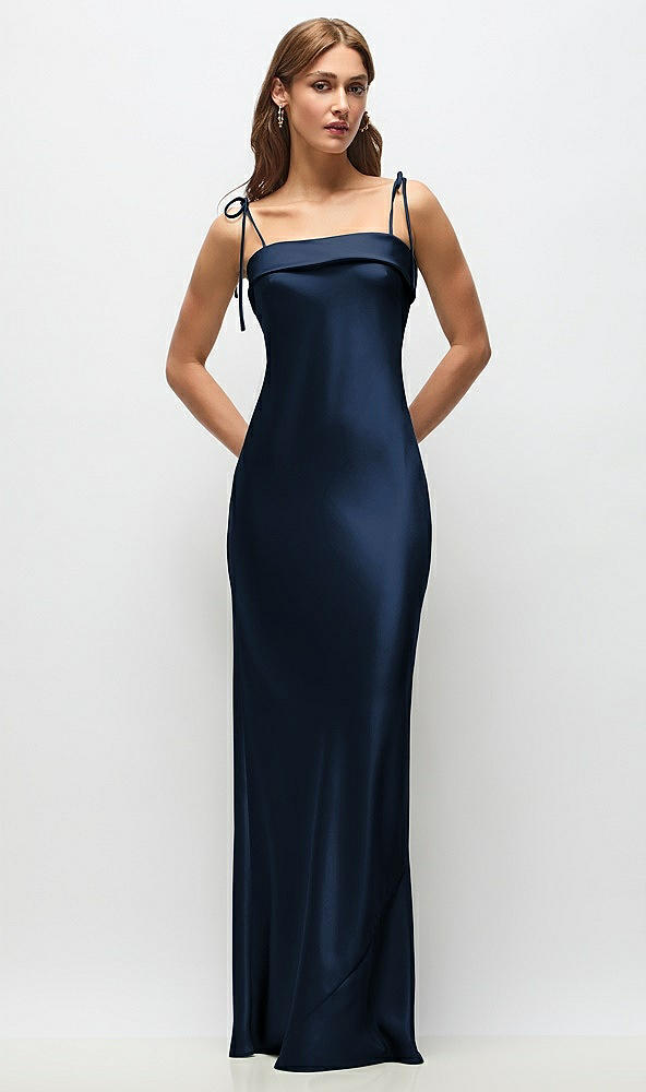 Front View - Midnight Navy Cuff Neck Satin Bias Maxi Dress with Self-Tie Spaghetti Straps